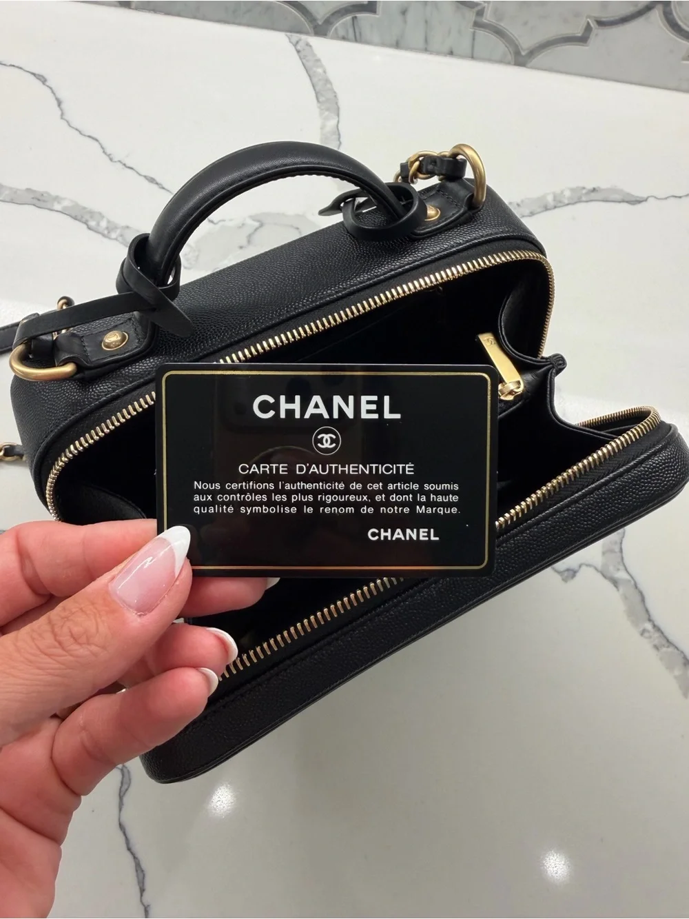 CHANEL Black Caviar Filigree Vanity Crossbody